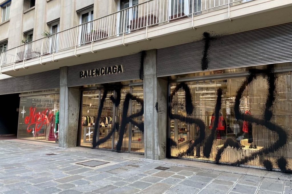 Kidult graffiti on Balenciaga shopfront in Paris