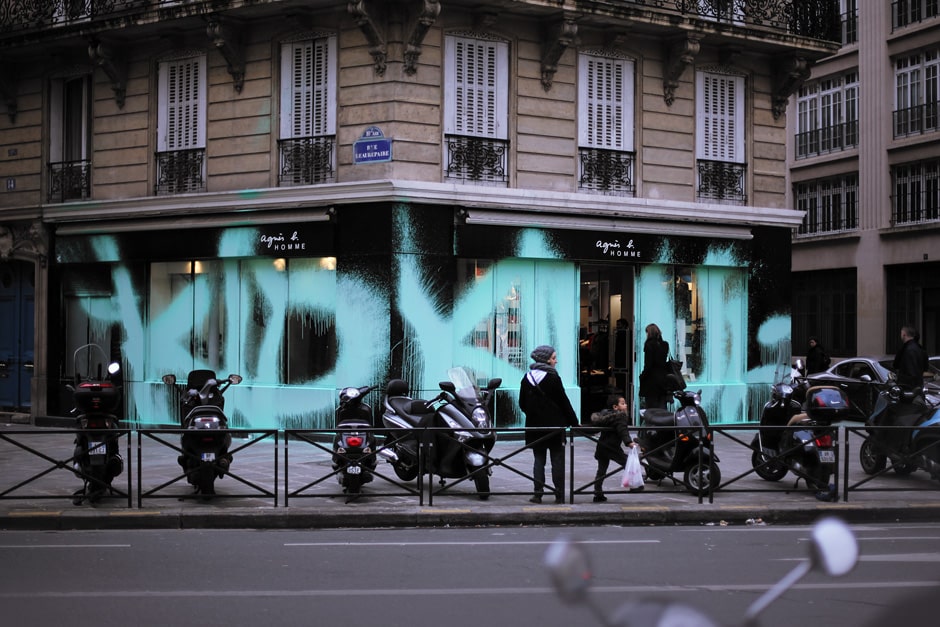 Kidult graffiti on Agnes b shopfront in Paris