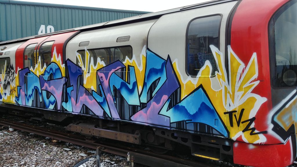 Train graffiti by Voltz in London 